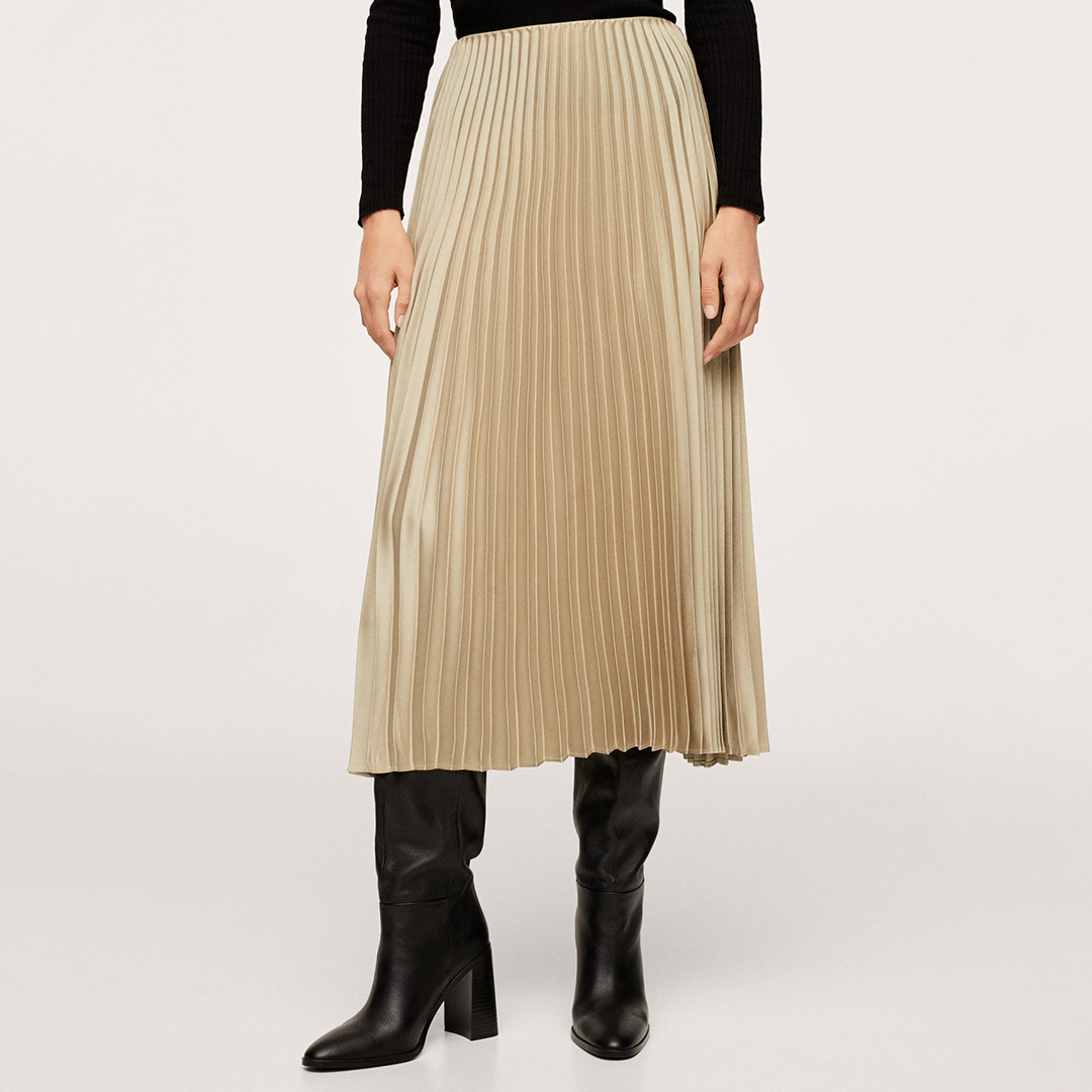 beige satin pleated skirt