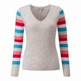 Multi Stripe Sleeve Cashmere V Neck Sweater - BrandAlley