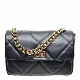 Black Leather Quilted Gold Chain Shoulder Bag - BrandAlley