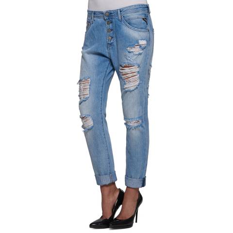 Blue Cotton Straight Distressed Jeans - BrandAlley