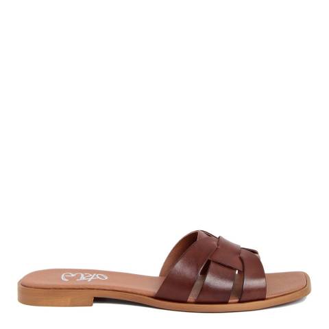 Gusto Brown Leather Cut Out Detail Flat Sandals