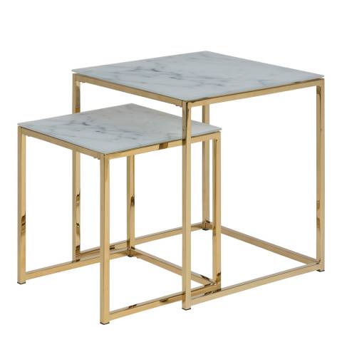 Scandi Luxe Alisma Nest Of Tables, White Marble, Golden Chrome