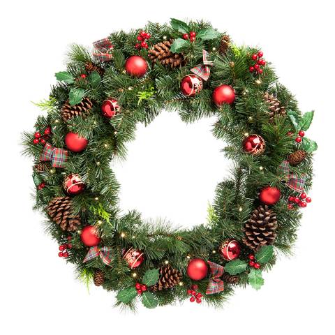 Festive Statement Size Tartan Holly Wreath with Lights