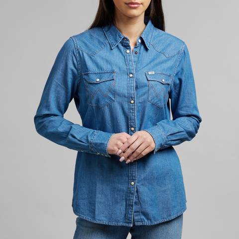 Wrangler Blue Denim Regular Fit Western Cotton Shirt