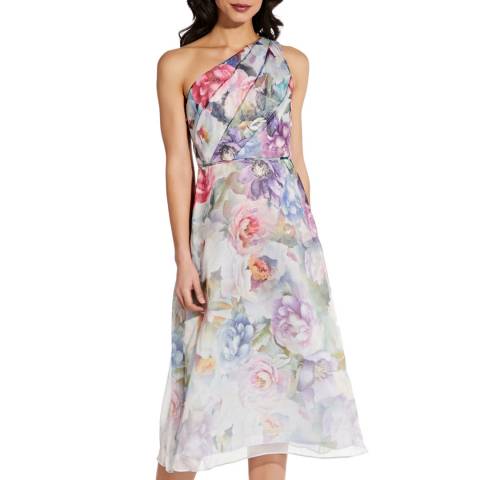 Adrianna Papell Multi Floral One Shoulder Organza Midi Dress