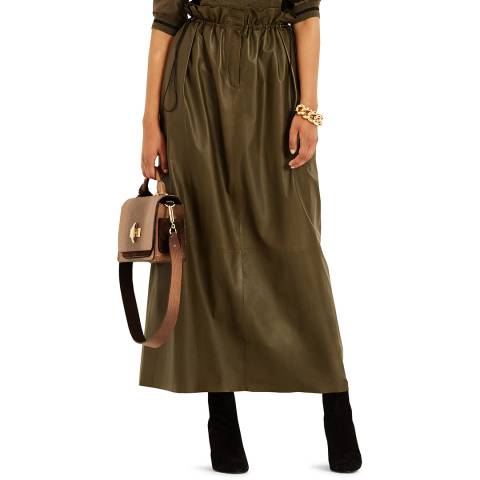 Amanda Wakeley Khaki Leather Midi Skirt