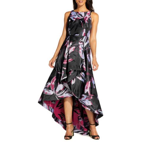 Adrianna Papell Black/Magenta Floral Jacquard Dress