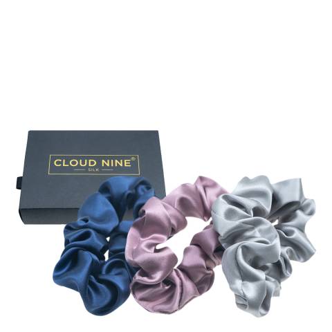 Cloud Nine Mulberry Silk Set of 3 Large Scrunchies, Navy/Mauve/Platinum