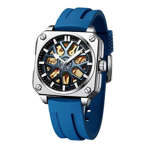 Stephen Oliver Silver/Blue Square Skeleton Silicone Watch