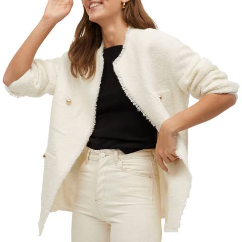 Mango White Wool Blend Tweed Jacket