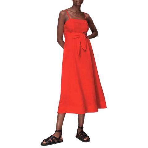 WHISTLES Red Linen Tie Front Strappy Dress
