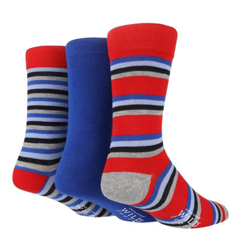 Wild Feet Red/Navy Stripes 3 Pack Jacquard Socks