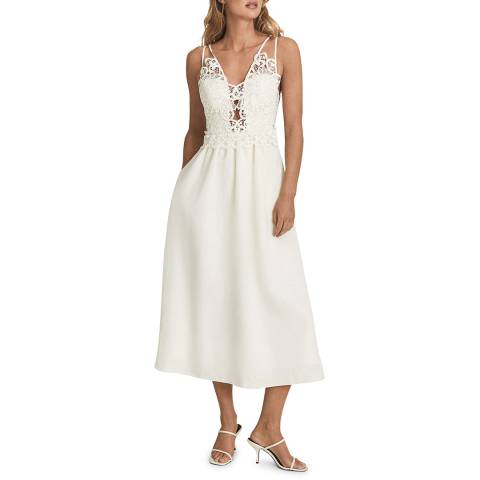Reiss White Serena Lace Linen Blend Midi Dress