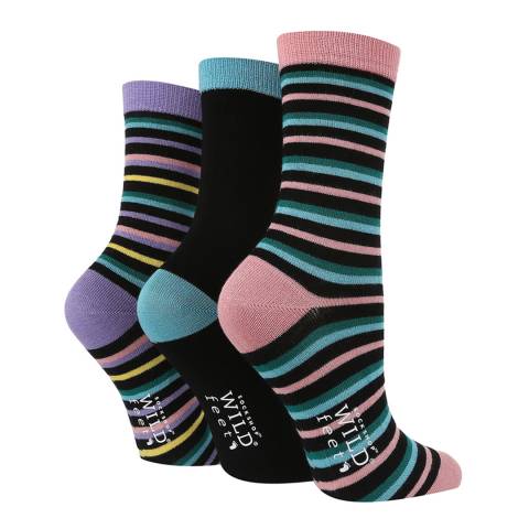 Wild Feet Black Multi Stripe 3 Pack Jacquard Socks