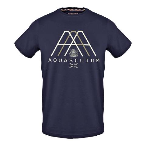 Aquascutum Navy Letter Design Cotton T-Shirt
