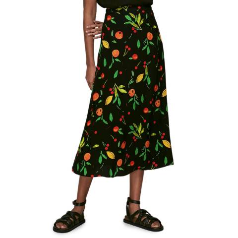 WHISTLES Black Fruit Print Midi Skirt