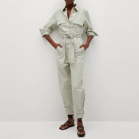 Mango Taupe Belted Cotton Jumpsuit