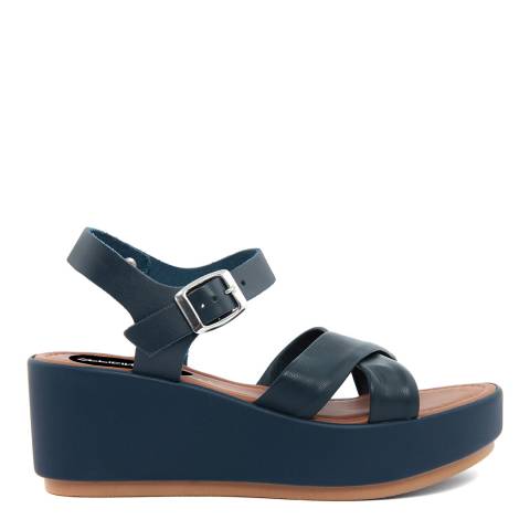 Officina55 Blue Leather Cross Strap Wedge Sandals