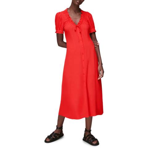WHISTLES Red Ada Ruched Detail Midi Dress