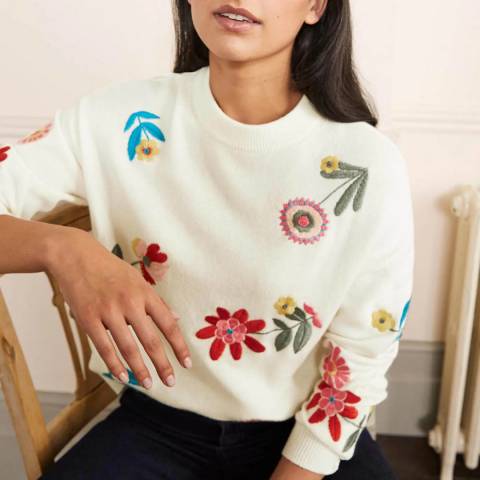 Boden Ivory Relaxed Embroidered Jumper