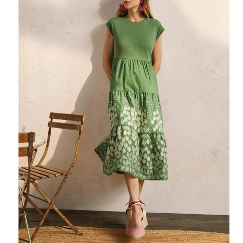 Boden Green Embroidered Tiered Midi Dress