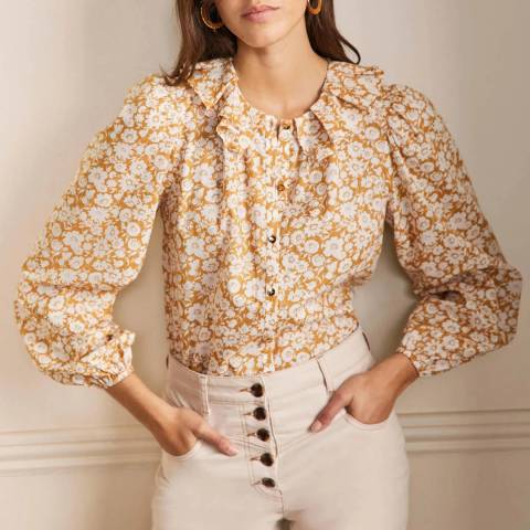 Boden Yellow Ditsy Pleated Collar Cotton Blouse