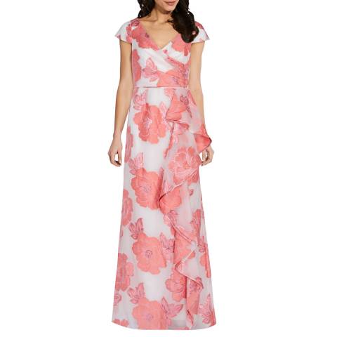 Adrianna Papell Coral/Ivory Floral Jacquard Dress