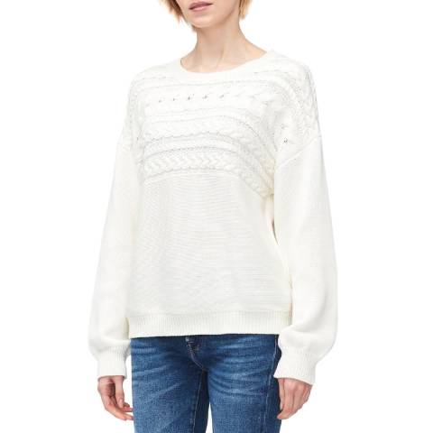 7 For All Mankind White Cable Knit Merino Wool Blend Jumper