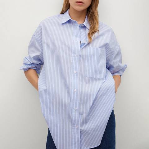 Mango Sky Blue Oversize Cotton Striped Shirt