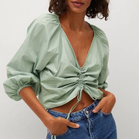 Mango Green Ruched Cotton Blouse