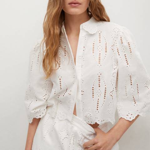 Mango Off White Embroidery Linen Blouse