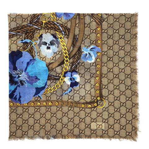 Gucci Beige Blue Floral Chain Print Wool Scarf