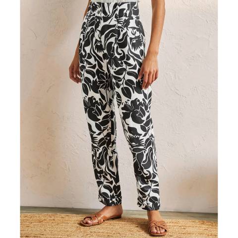 Boden Black Floral Turn Up Linen Trousers