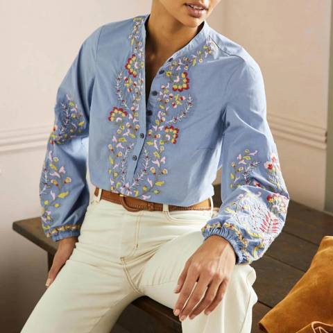 Boden Blue Embroidered Popover Blouse