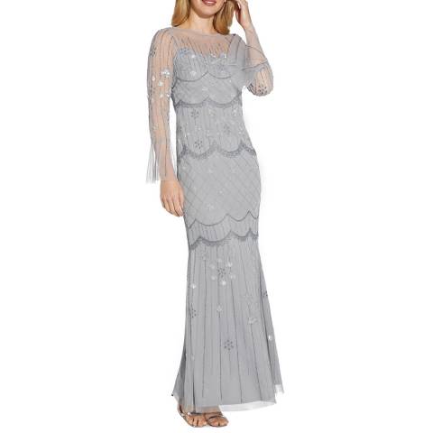 Adrianna Papell Grey Beaded Mesh Covered Gown