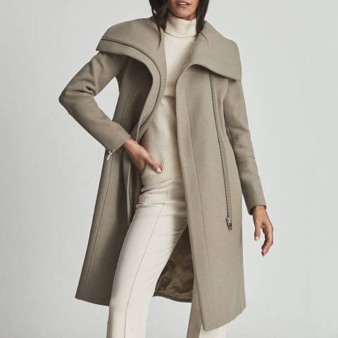 Reiss Taupe Roxi Wide Collar Wool Blend Coat