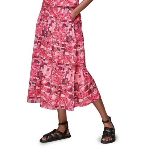 WHISTLES Pink Hawaiian Print Linen Blend Midi Skirt
