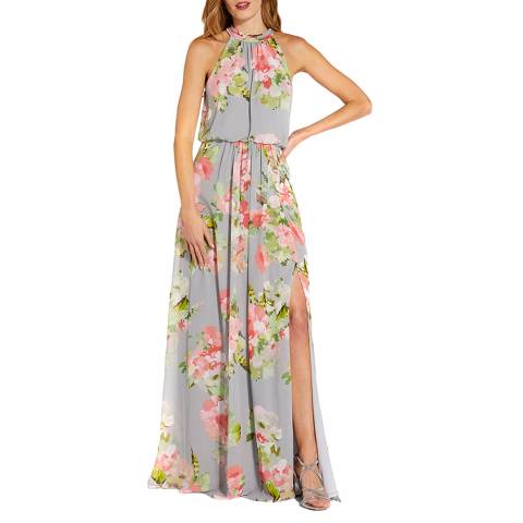 Adrianna Papell Grey Floral Chiffon Gown