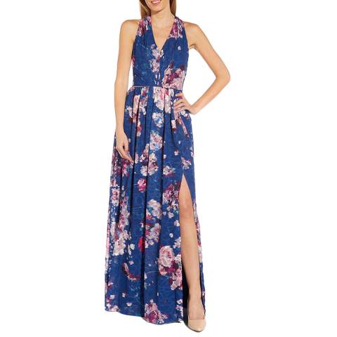 Adrianna Papell Blue Floral Halter Maxi Dress