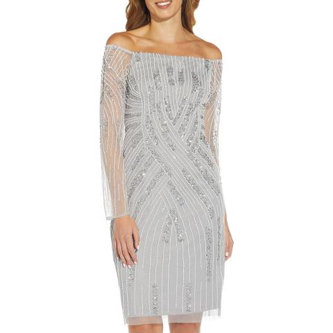 Adrianna Papell Silver Off Shoulder Beaded Dress