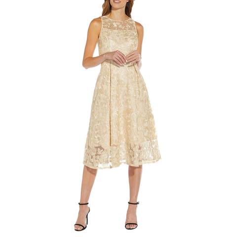 Adrianna Papell Light Champagne Embroidered Midi Dress