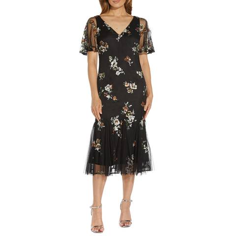 Adrianna Papell Black Floral Sequin Midi Dress