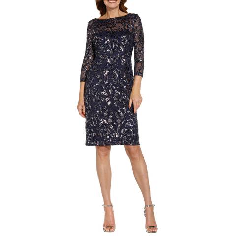 Adrianna Papell Navy Sequin Stretch Slim Fit Dress