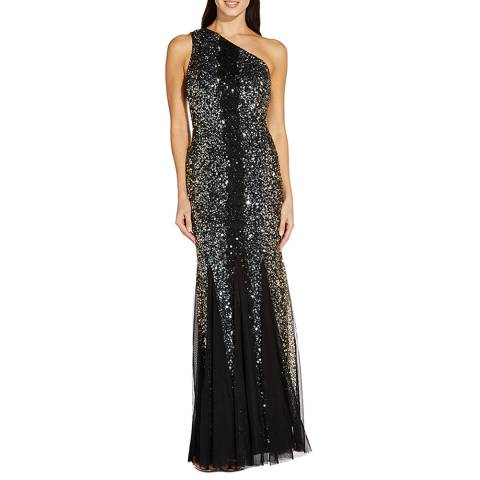 Adrianna Papell Black/Gold One Shoulder Beaded Dress