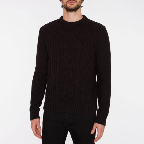 7 For All Mankind Black Cable Knit Wool Blend Jumper