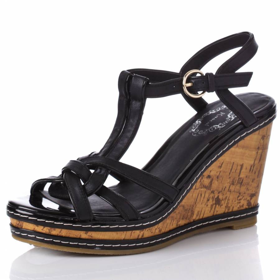 Black Strappy Cork Wedge Sandals 9cm Heel Brandalley