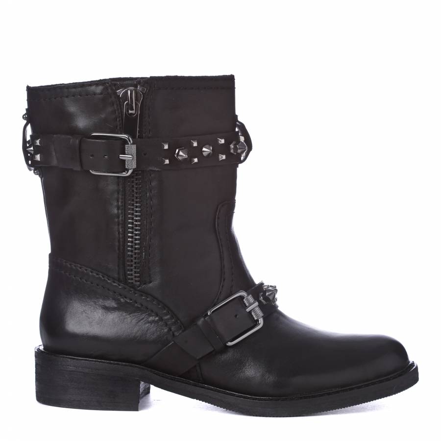 Black Leather Studded Strap Biker Boots - BrandAlley