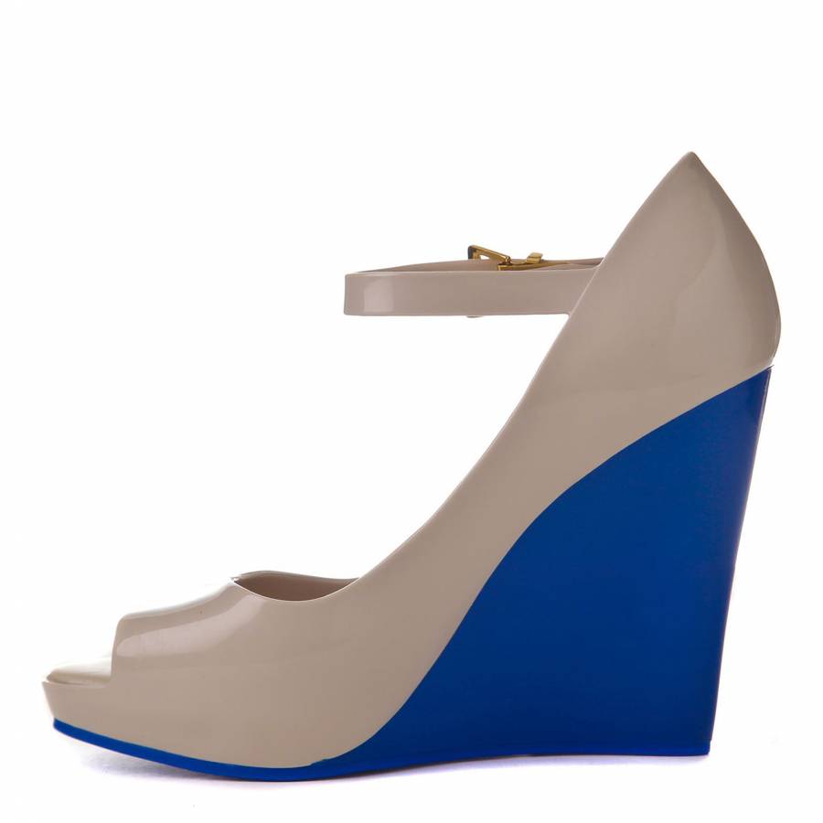 Cream/Blue Prism Wedge Shoes 11cm Heel - BrandAlley