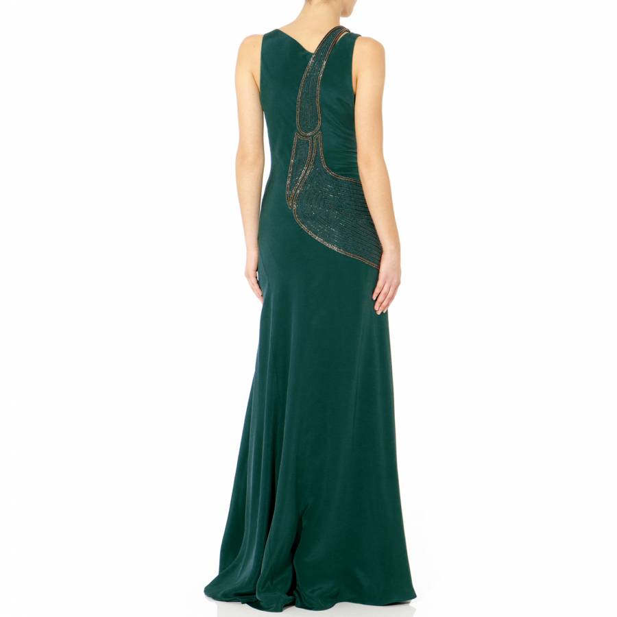 Dark Green Silk Embellished Evening Dress - BrandAlley
