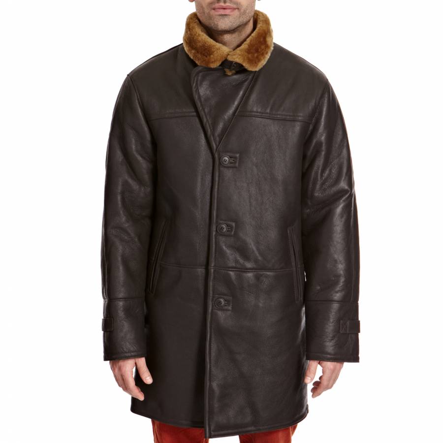 Men's Brown/Ginger Sheepskin Lined Leather Coat - BrandAlley